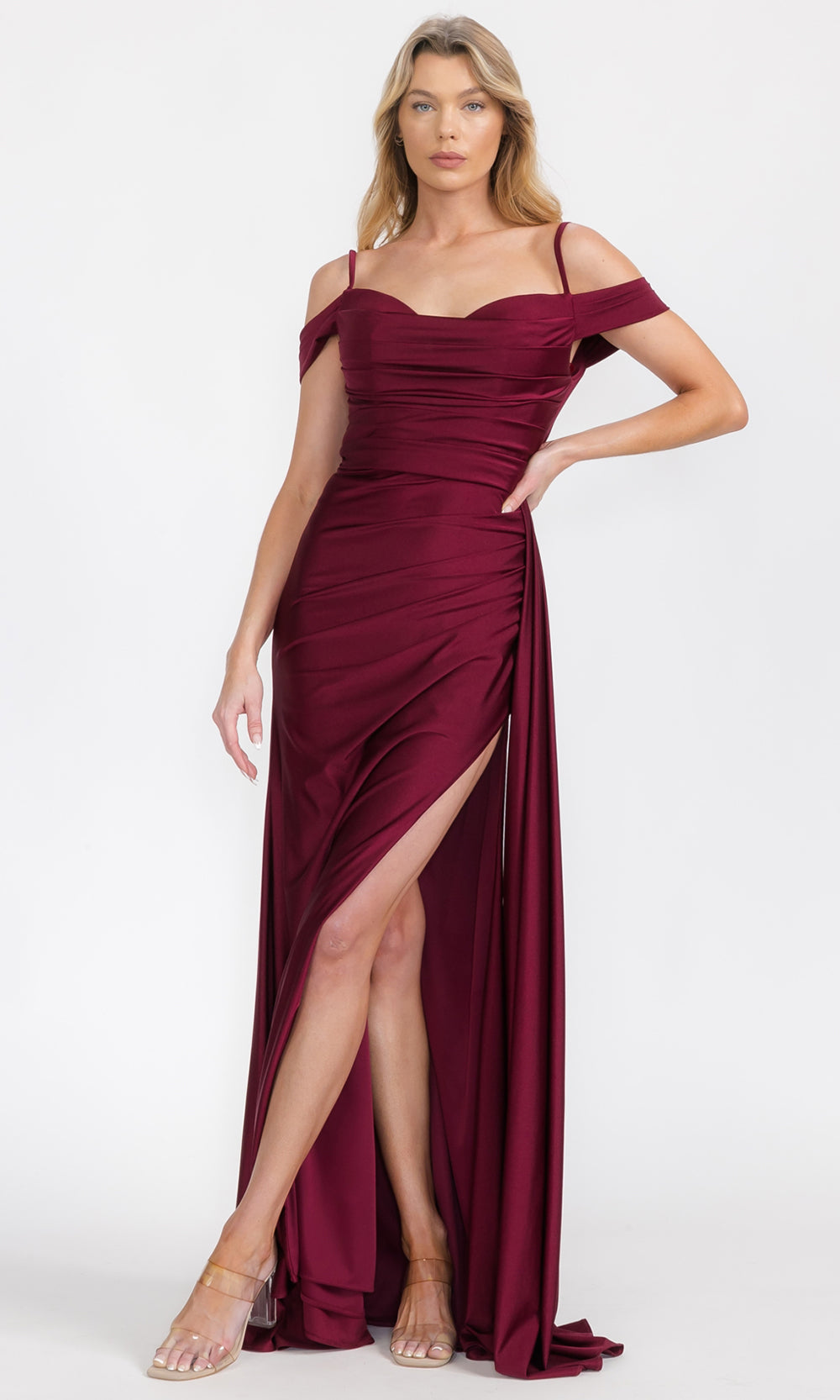 Eureka Fashion EK117 - Long Satin Jersey Sheath Dress - Off Shoulder Sleeves, Thin Straps, Ruched Bodice, High Slit, Draped Side Sash, V-Open Back XL Eureka Fashion EK117 - Long Satin Jersey Sheath Dress - Off Shoulder Sleeves, Thin Straps, Ruched Bodice, High Slit, Draped Side Sash, V-Open Back XL