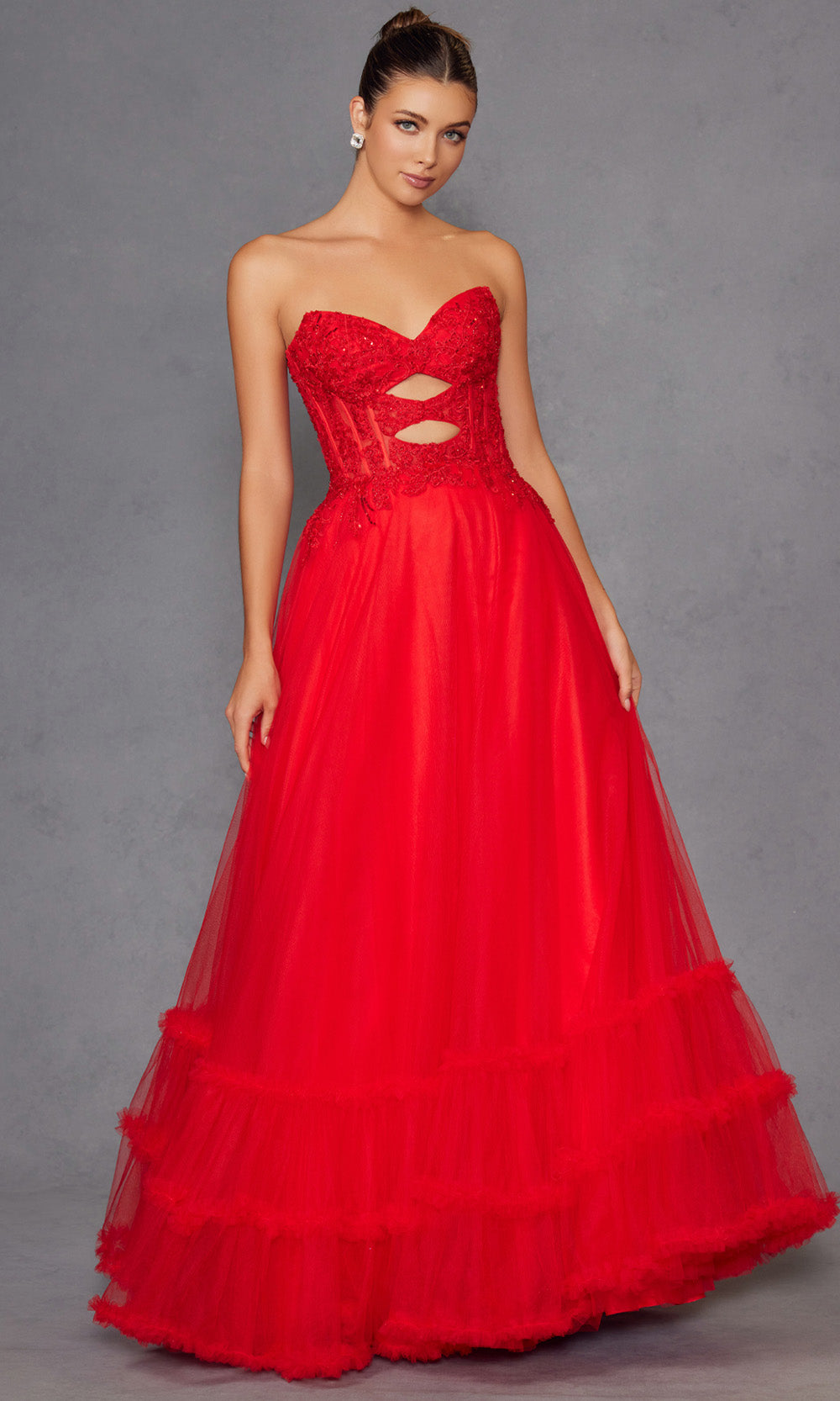 Strapless A-Line Ruffled Gown by Juliet JT2561S Red / 6 Strapless A-Line Ruffled Gown by Juliet JT2561S Red / 6