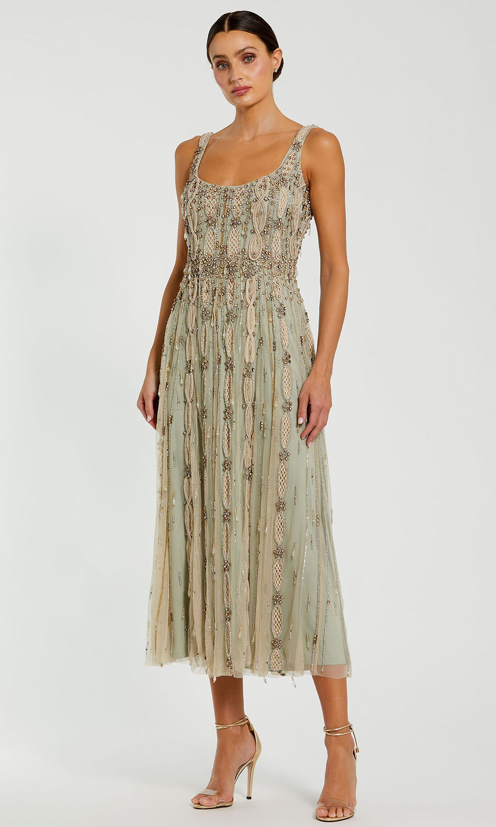 Mac Duggal 10078 - Tea-Length Embellished Mesh A-line Dress - Sleeveless, Wide Straps, Midrise Scoop Back, Concealed Back Zipper Couture Candy Mac Duggal 10078 - Tea-Length Embellished Mesh A-line Dress - Sleeveless, Wide Straps, Midrise Scoop Back, Concealed Back Zipper Couture Candy