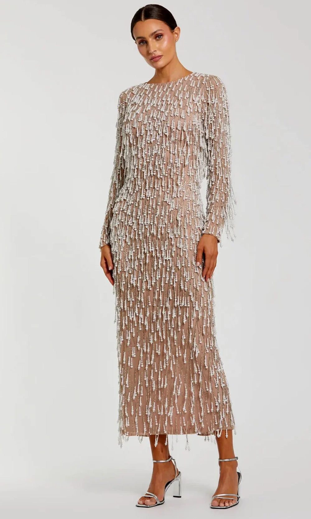 mac duggal beaded midi dress Mac Duggal Nude Sleeveless High Neck Beaded Midi Sheath Dress Size US 14