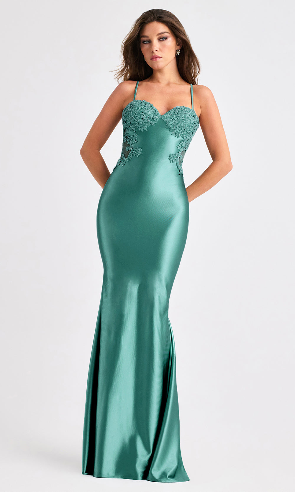 Faviana 11403 - Long Stretch Satin Sheath Dress - Spaghetti Straps, Beaded, Lace Applique, Illusion Mesh Side, Cutout Back, Sweep Train 8 / Dark