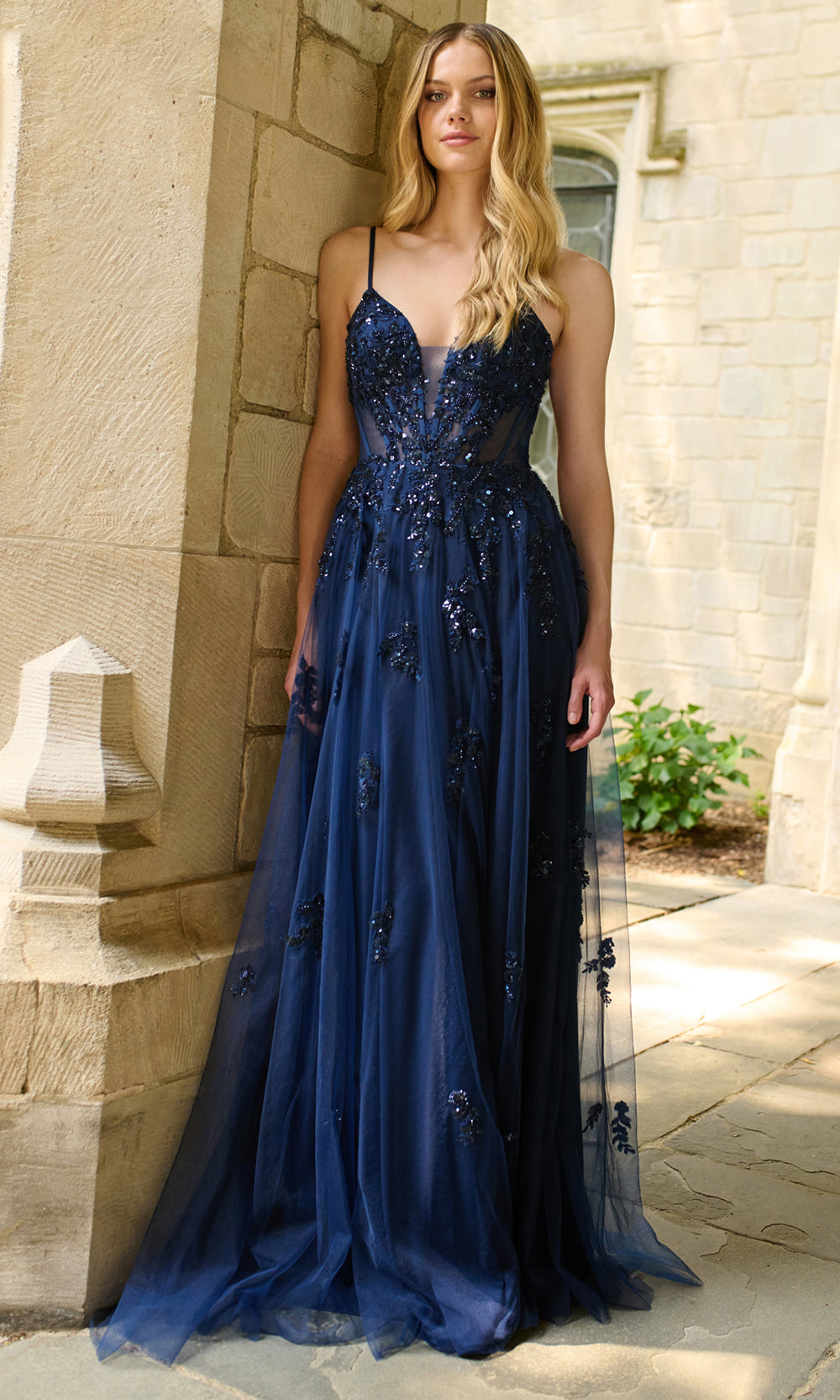 faviana navy blue prom dress Navy V-Neck Formal Dress With Elegant Beading Embellishment