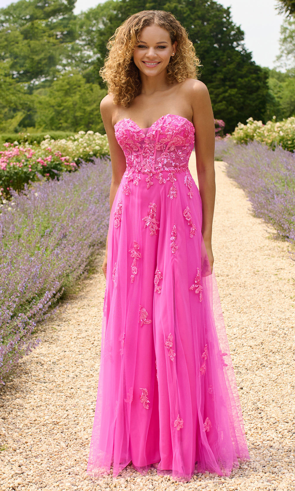 Faviana 11474 - Long Tulle & Applique A-line Dress - Strapless Bodice, Sequin Embroidery, High Slit, Flowy Layered Skirt 12 / Bubblegum Pink - Shop Faviana 11474 - Long Tulle & Applique A-line Dress - Strapless Bodice, Sequin Embroidery, High Slit, Flowy Layered Skirt 12 / Bubblegum Pink - Shop