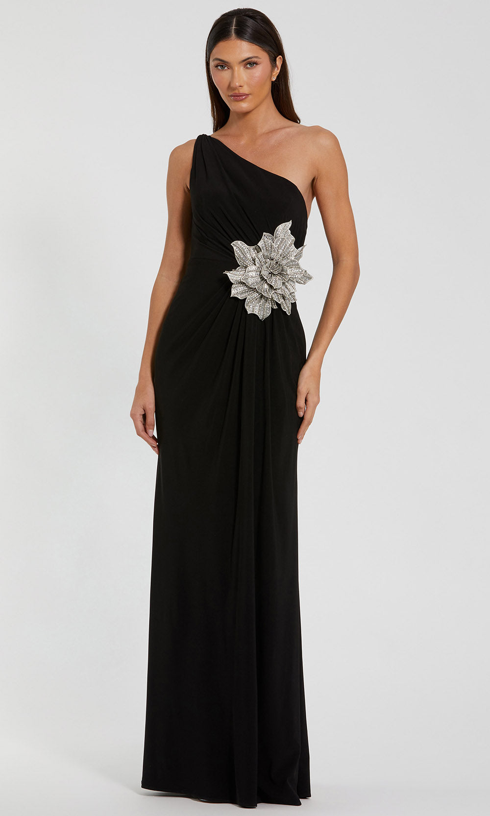 Mac Duggal Women's Jersey One Shoulder Gown with Rhinestone Flower - Black