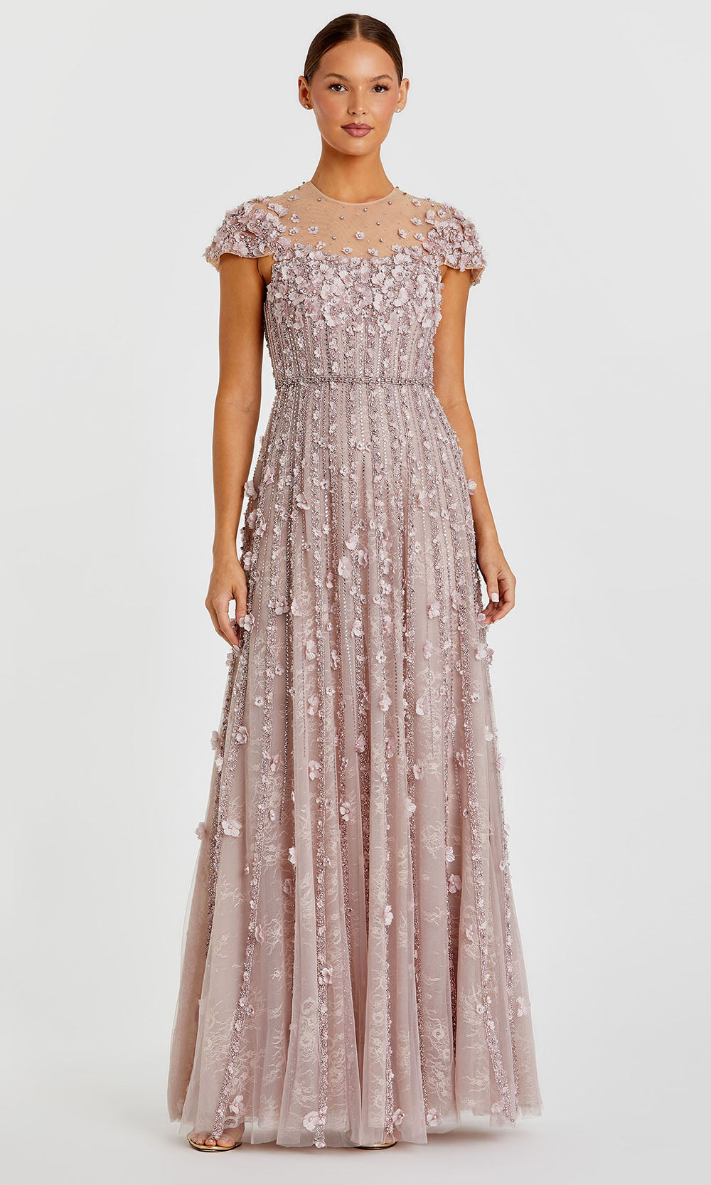 mac duggal embellished a-line dress Embellished A Line Dress with Feather Detail Cape