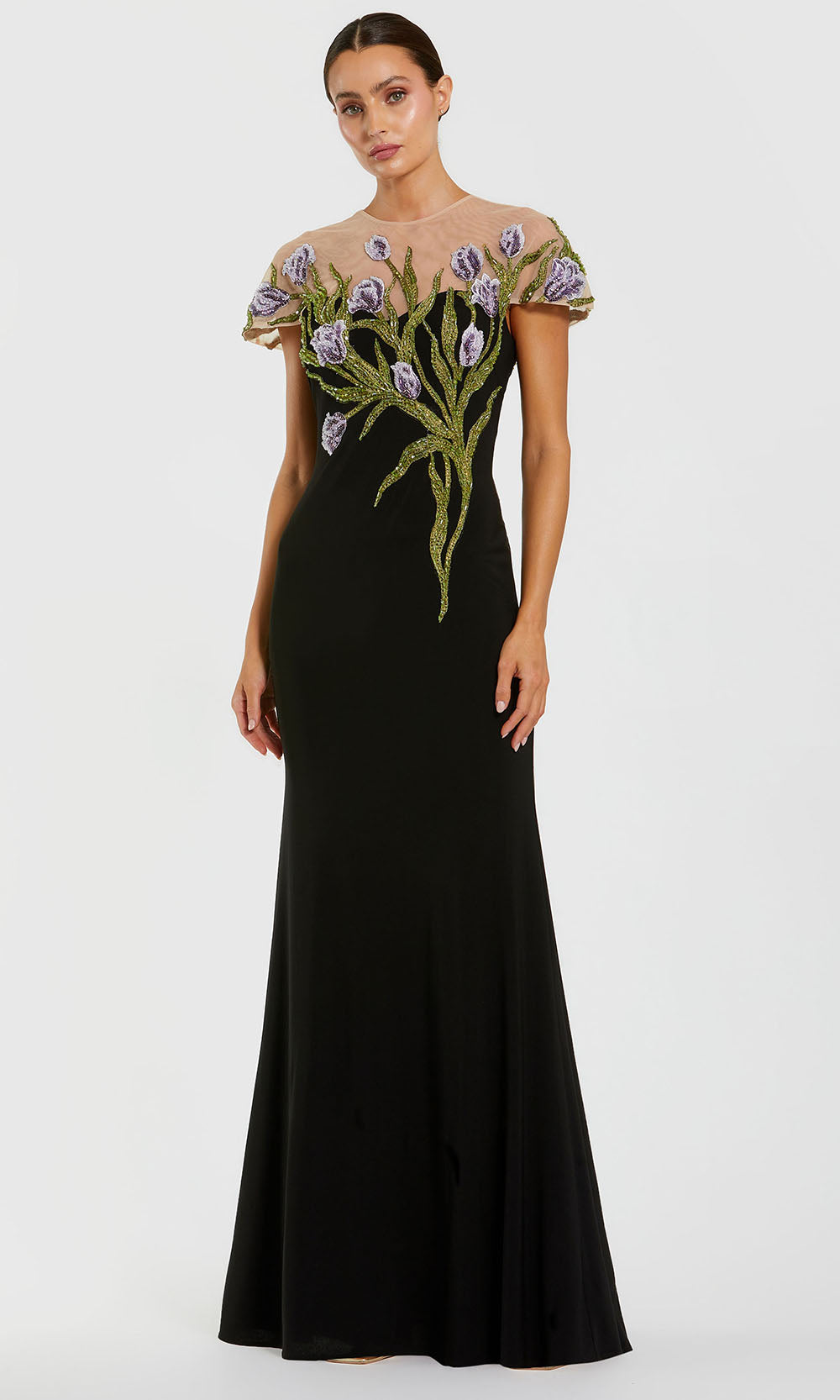Mac Duggal Women's Jersey Floral Embroidered Illusion Neck Gown - Multi - Size 14 - Black Multi Mac Duggal Women's Jersey Floral Embroidered Illusion Neck Gown - Multi - Size 14 - Black Multi