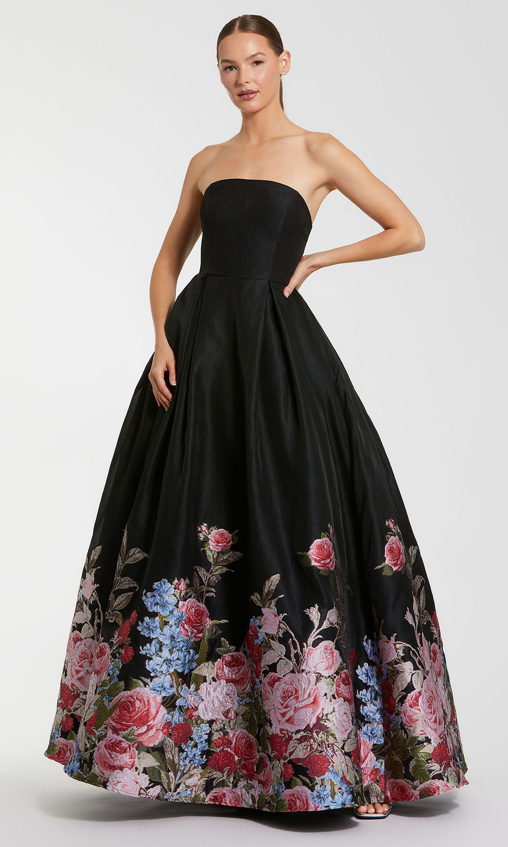 Mac Duggal - Black Strapless Floral Brocade Ballgown - Black Multi / US 6 Mac Duggal - Black Strapless Floral Brocade Ballgown - Black Multi / US 6
