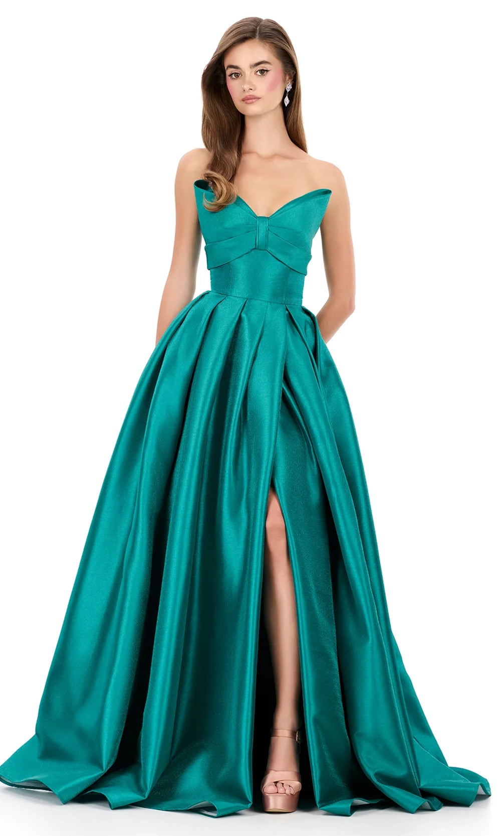Ashley Lauren 12265 - Long Mikado A-Line Dress - Strapless, Bow Accent, Box-Pleated Skirt, Front Slit, Open Back, Sweep Train 10 / Jade - Shop Ashley Ashley Lauren 12265 - Long Mikado A-Line Dress - Strapless, Bow Accent, Box-Pleated Skirt, Front Slit, Open Back, Sweep Train 10 / Jade - Shop Ashley