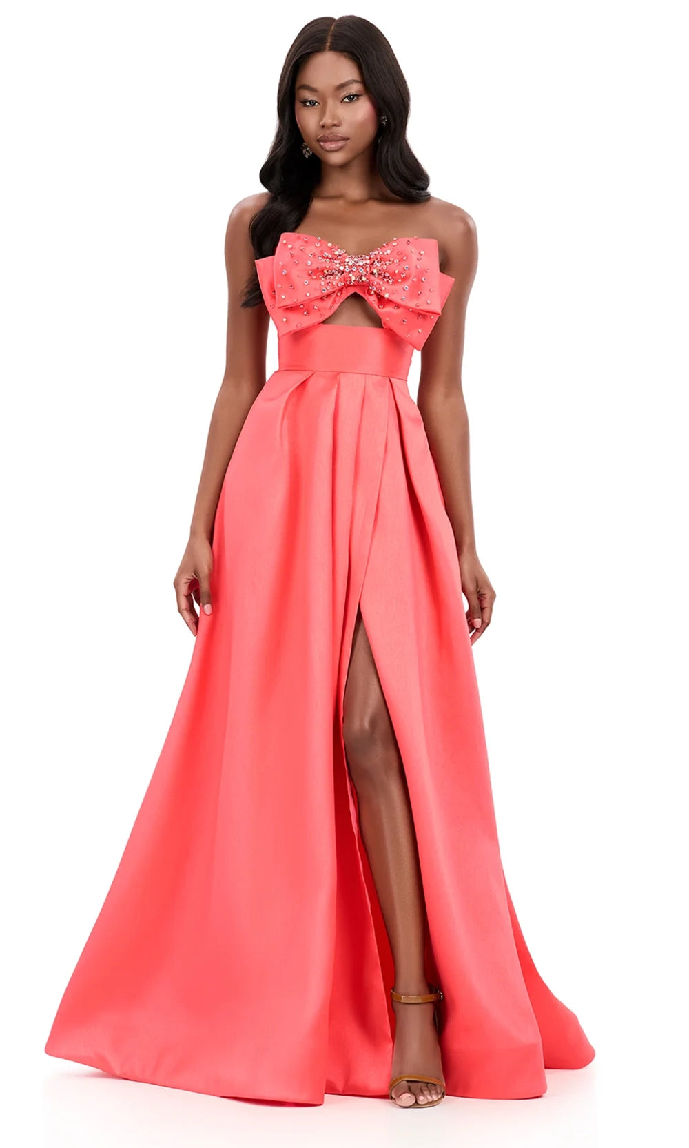 Ashley Lauren 12313 - Long Mikado Ballgown Dress - Pearl-Encrusted Bow, Front Cutout, Strapless, Box-Pleated Skirt, High Slit, Sweep Train 4 / Aqua -