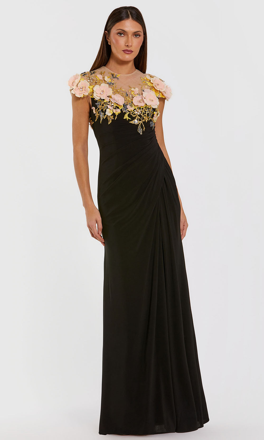 Black Jersey Column Gown With 3D Flower Embellishments