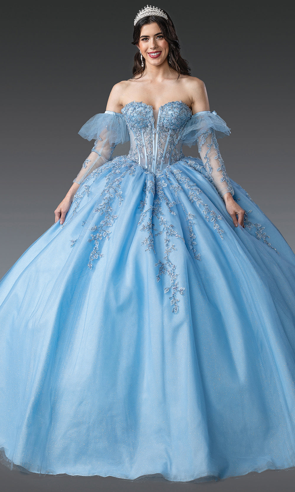 Dancing Queen 1910 - Long Tulle Ballgown Dress - Beaded, Embroidered Floral  Appliques, Strapless, Illusion Corset Bodice, Detachable Long Puff Sleeves,  Lace-Up Back, Sweep Train  Couture Candy