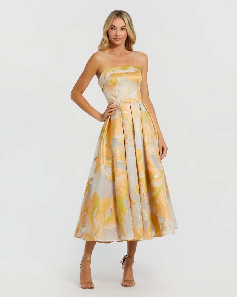 Mac Duggal - Beige and Orange Strapless Brocade Midi Dress with Pockets - Peach Multi / US 10 Mac Duggal - Beige and Orange Strapless Brocade Midi Dress with Pockets - Peach Multi / US 10