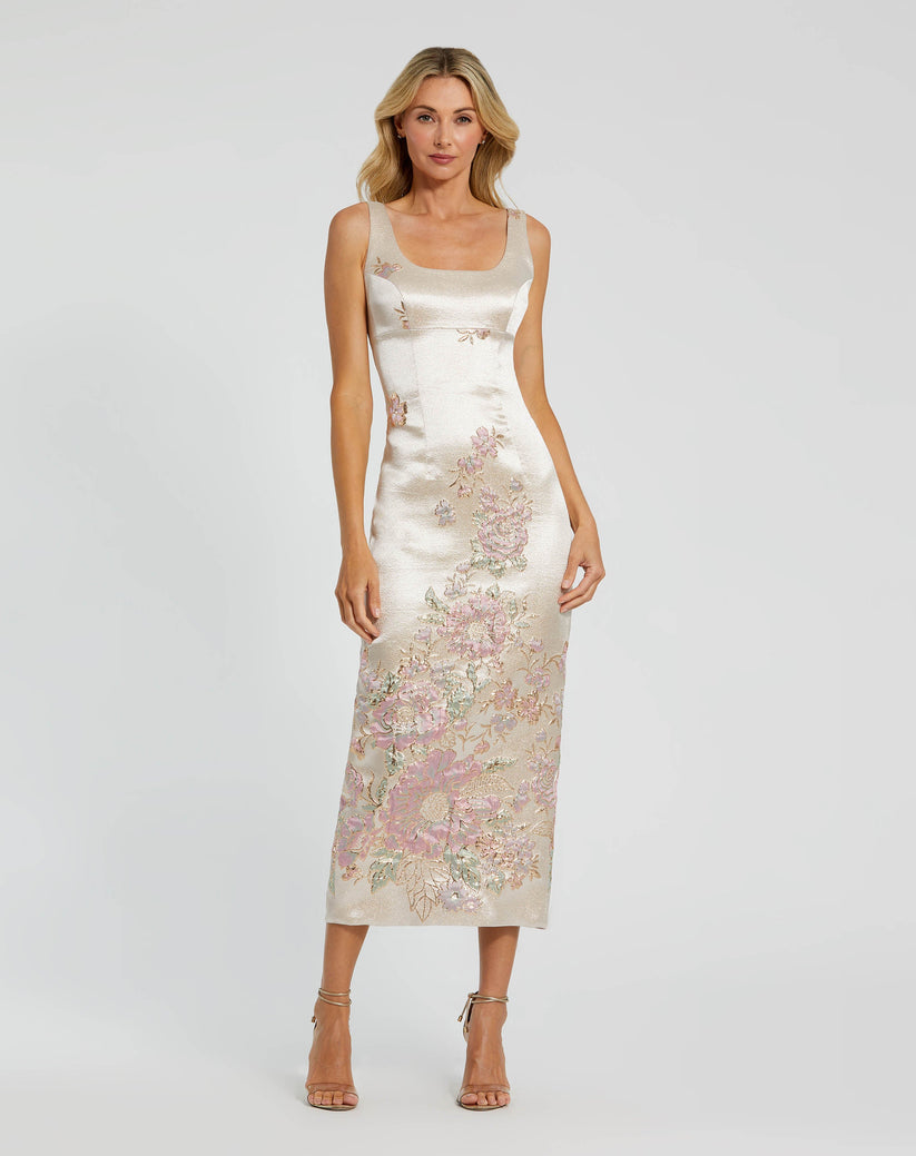 Mac Duggal Slim Strap Scoop Neck Bustier Brocade Midi Dress - Champagne Multi Mac Duggal Slim Strap Scoop Neck Bustier Brocade Midi Dress - Champagne Multi