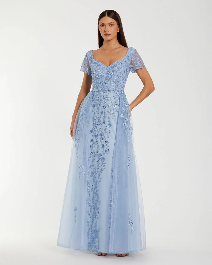 Mac Duggal 21035 - Beaded Lace Short Sleeve Tulle Dress Mac Duggal 21035 - Beaded Lace Short Sleeve Tulle Dress