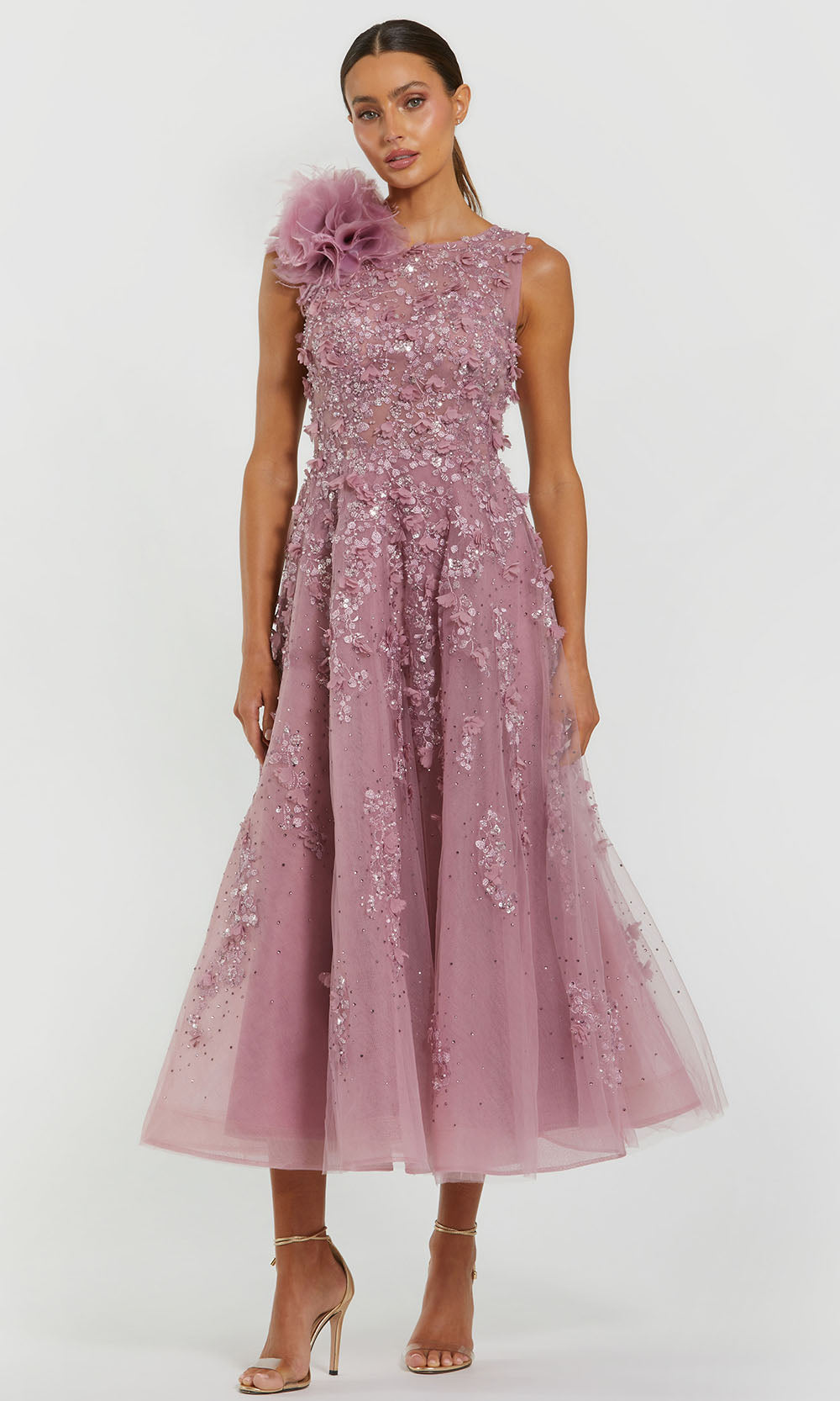 mac duggal embellished cocktail dress Beige Pearl Embellished Scoop Neck Midi Dress