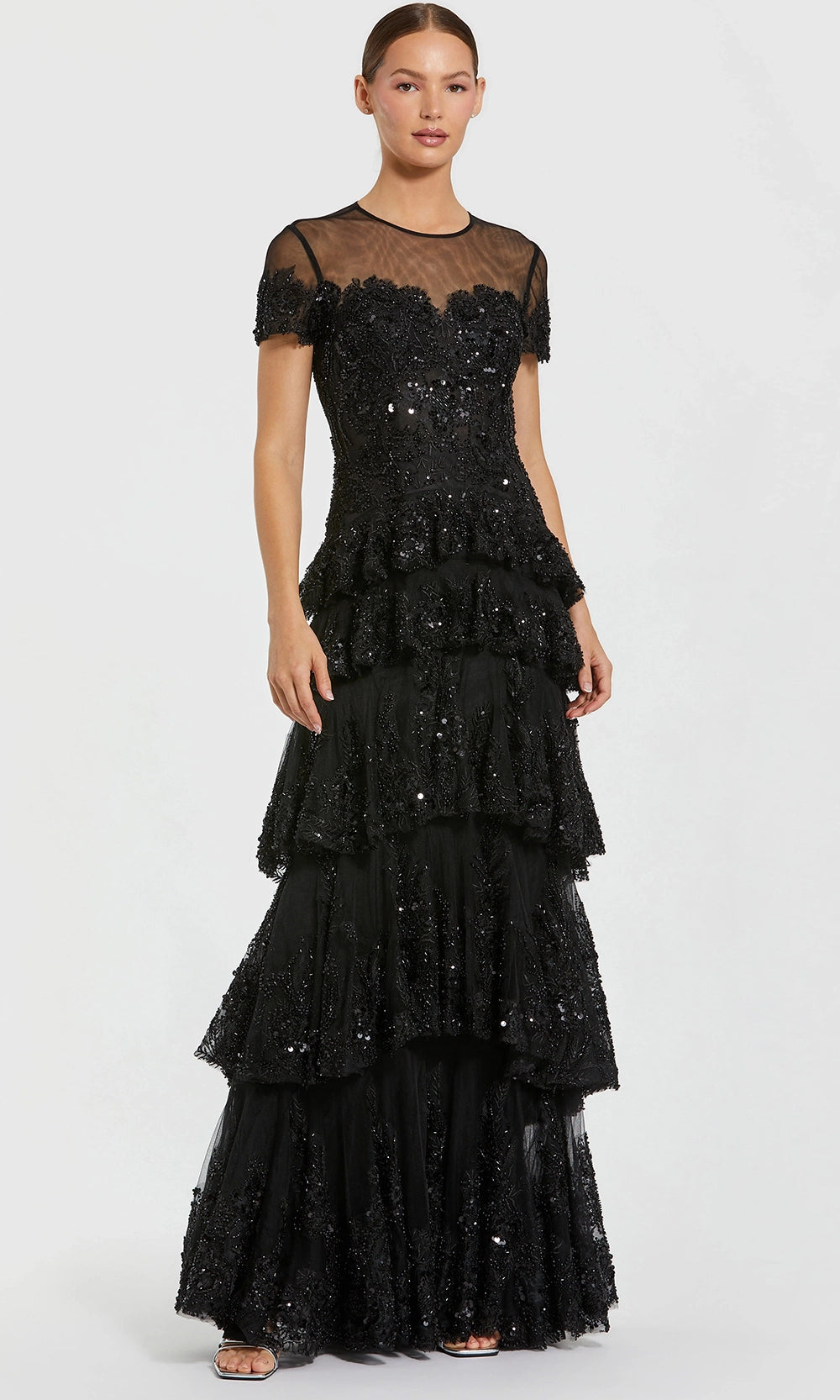 mac duggal tiered ruffle party dress Pink Pleated Charmeuse Strapless Tiered Ruffle Gown