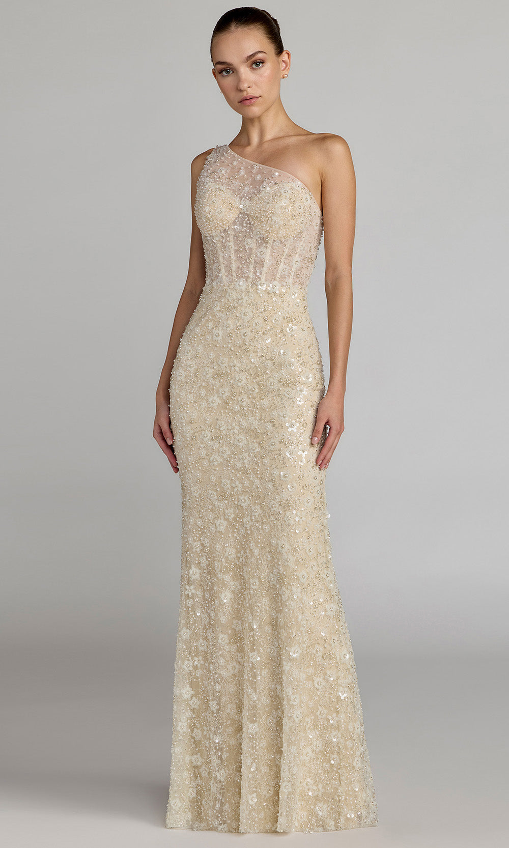 Mac Duggal Women's Sequined Floral Mesh One-Shoulder Trumpet Gown - Oyster Beige