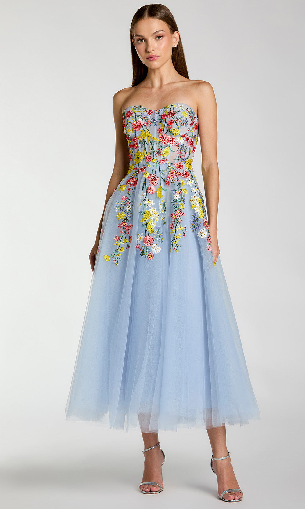 Mac Duggal 21304 - Tea-Length Floral-embroidered tulle fabric (100% polyester) A-Line Dress