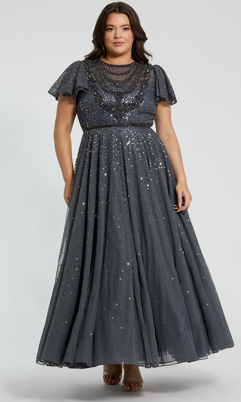 Mac Duggal Plus Sheer Flutter Sleeve Beaded Net Gown Mac Duggal Plus Sheer Flutter Sleeve Beaded Net Gown