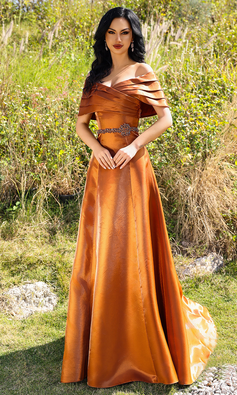 Terani Couture 252M5326 - Long Shimmer Organza A-Line Dress - Short Sleeves, Pleated Bodice, Beaded Belt, Floor Length Hem 14 / Cognac - Shop Terani Terani Couture 252M5326 - Long Shimmer Organza A-Line Dress - Short Sleeves, Pleated Bodice, Beaded Belt, Floor Length Hem 14 / Cognac - Shop Terani