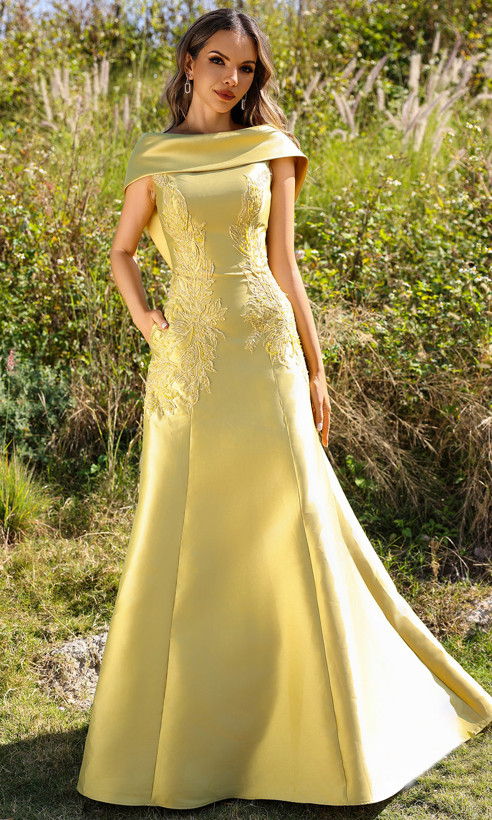 Terani Couture 252M5356 - Long Mikado A-line Dress - Embroidery, Beaded, Pockets, Cap Sleeves, Floor Length 10 / Navy - Shop Terani Couture dresses on Terani Couture 252M5356 - Long Mikado A-line Dress - Embroidery, Beaded, Pockets, Cap Sleeves, Floor Length 10 / Navy - Shop Terani Couture dresses on