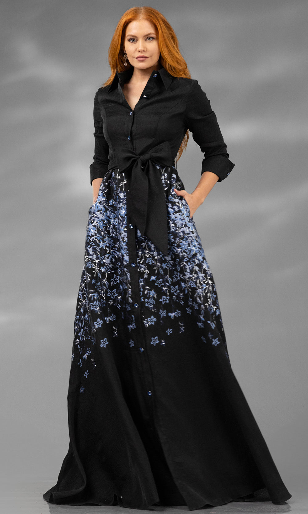 Terani Couture 252M5503 - Long Jacquard A-Line Dress - Quarter-Length Sleeves, Collared, Front Buttons, Bow Accent, Side Pockets, Floral Embroidery 20 Terani Couture 252M5503 - Long Jacquard A-Line Dress - Quarter-Length Sleeves, Collared, Front Buttons, Bow Accent, Side Pockets, Floral Embroidery 20