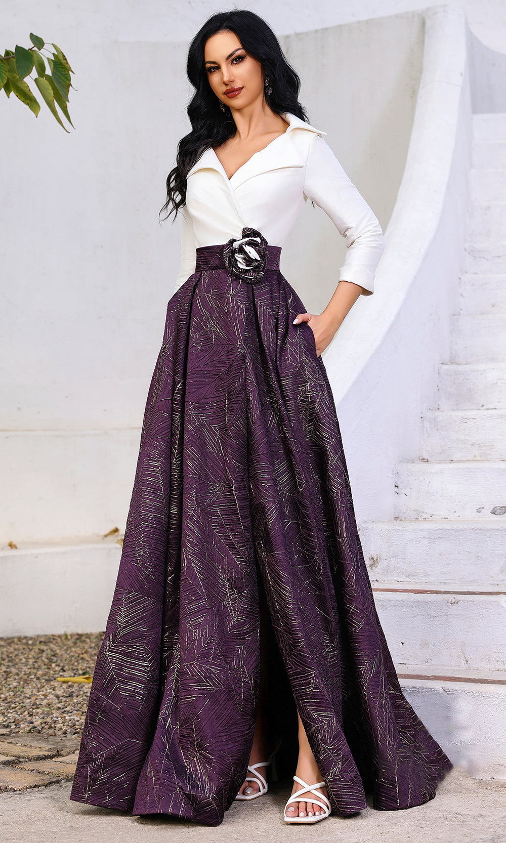 Terani Couture 252M5522 - Long Stretch Mikado A-Line Dress - Collared Neckline, Three-Quarter Sleeves, Belted Waist, Pockets, Side Slit, Pleated Skirt Couture Candy Terani Couture 252M5522 - Long Stretch Mikado A-Line Dress - Collared Neckline, Three-Quarter Sleeves, Belted Waist, Pockets, Side Slit, Pleated Skirt Couture Candy