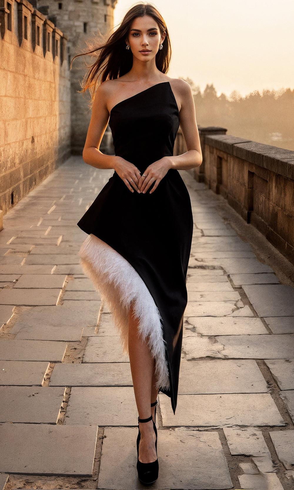 Terani Couture 261C6723 - High Low Crepe And Feather Sheath Dress
