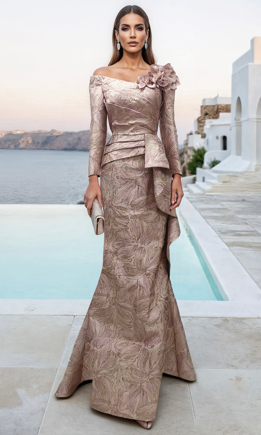 Terani Couture 261M6448 Evening Trumpet Floral Applique Pleated Formal Jacquard Dress - 20 / Blue Rose Terani Couture 261M6448 Evening Trumpet Floral Applique Pleated Formal Jacquard Dress - 20 / Blue Rose