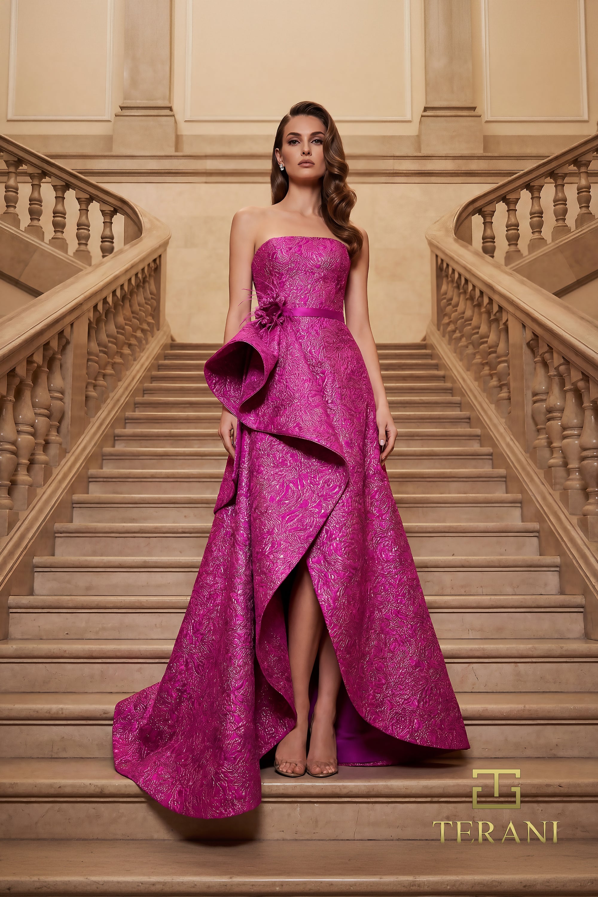 women's strapless metallic jacquard formal dress Strapless Jacquard Prom Gown: Juliet JT2693A Lilac / 0