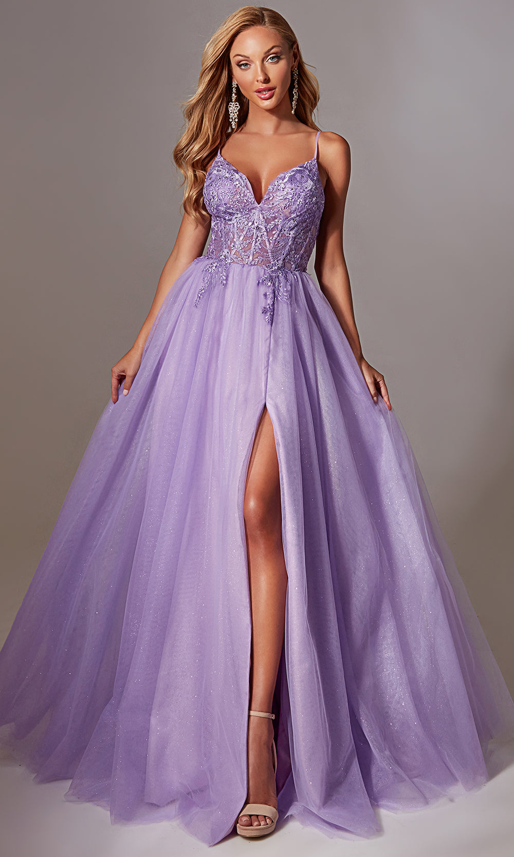 Aerie Couture 264 - Long Lace/Glitter Tulle A-line Dress - Lace bodice with illusion panel, Spaghetti straps, Adjustable lace-up back, Full tulle skirt with high front slit, Floor-length sweep train Couture Aerie Couture 264 - Long Lace/Glitter Tulle A-line Dress - Lace bodice with illusion panel, Spaghetti straps, Adjustable lace-up back, Full tulle skirt with high front slit, Floor-length sweep train Couture