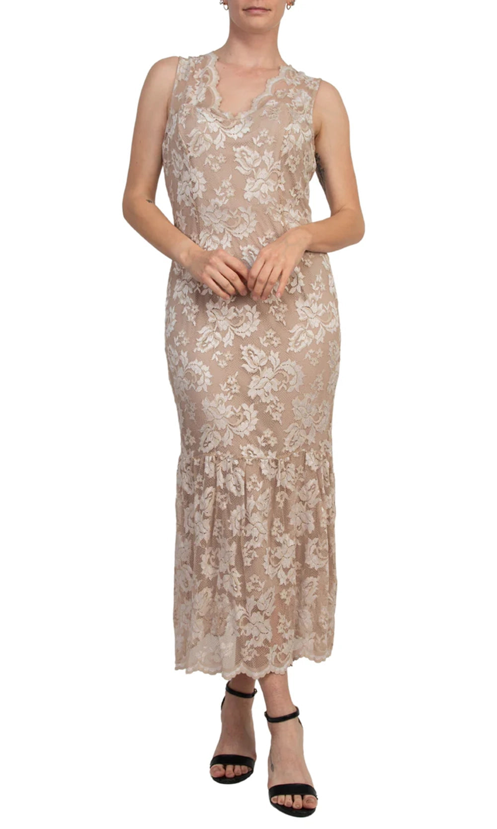 Marina 268669 - Scalloped Lace V-Neckline Midi Dress Marina 268669 - Scalloped Lace V-Neckline Midi Dress