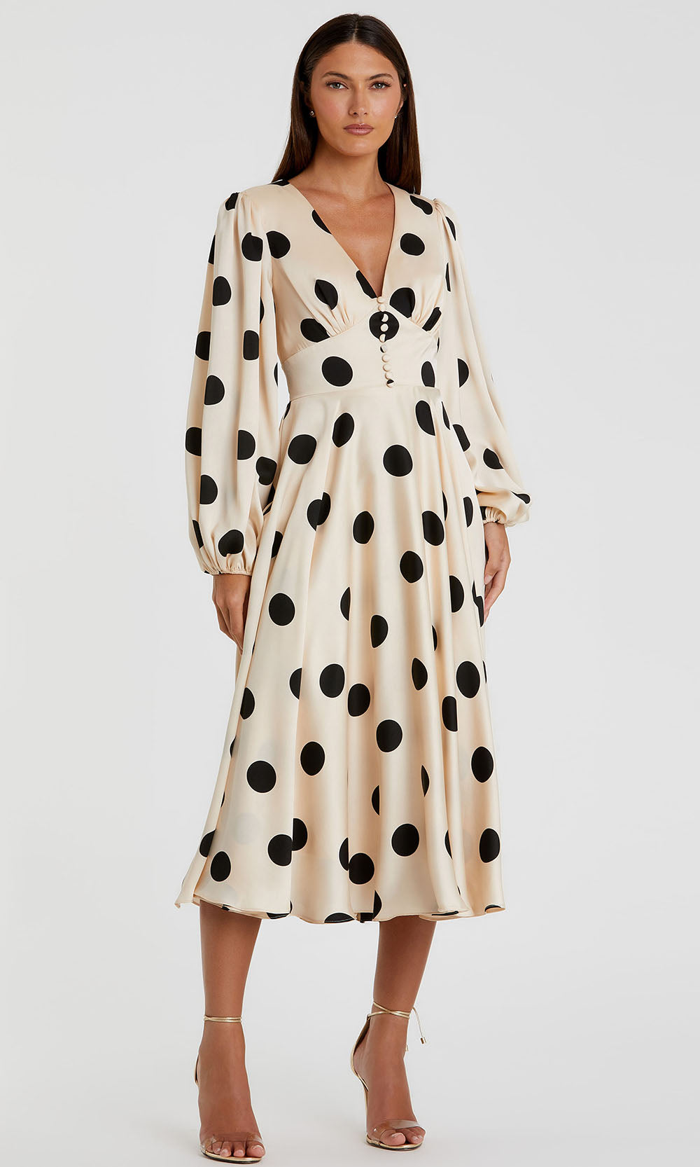 Beige Polka Dot Charmeuse Long Sleeve V Neck Midi Dress - Mac Duggal Cream Black / US 8 Beige Polka Dot Charmeuse Long Sleeve V Neck Midi Dress - Mac Duggal Cream Black / US 8