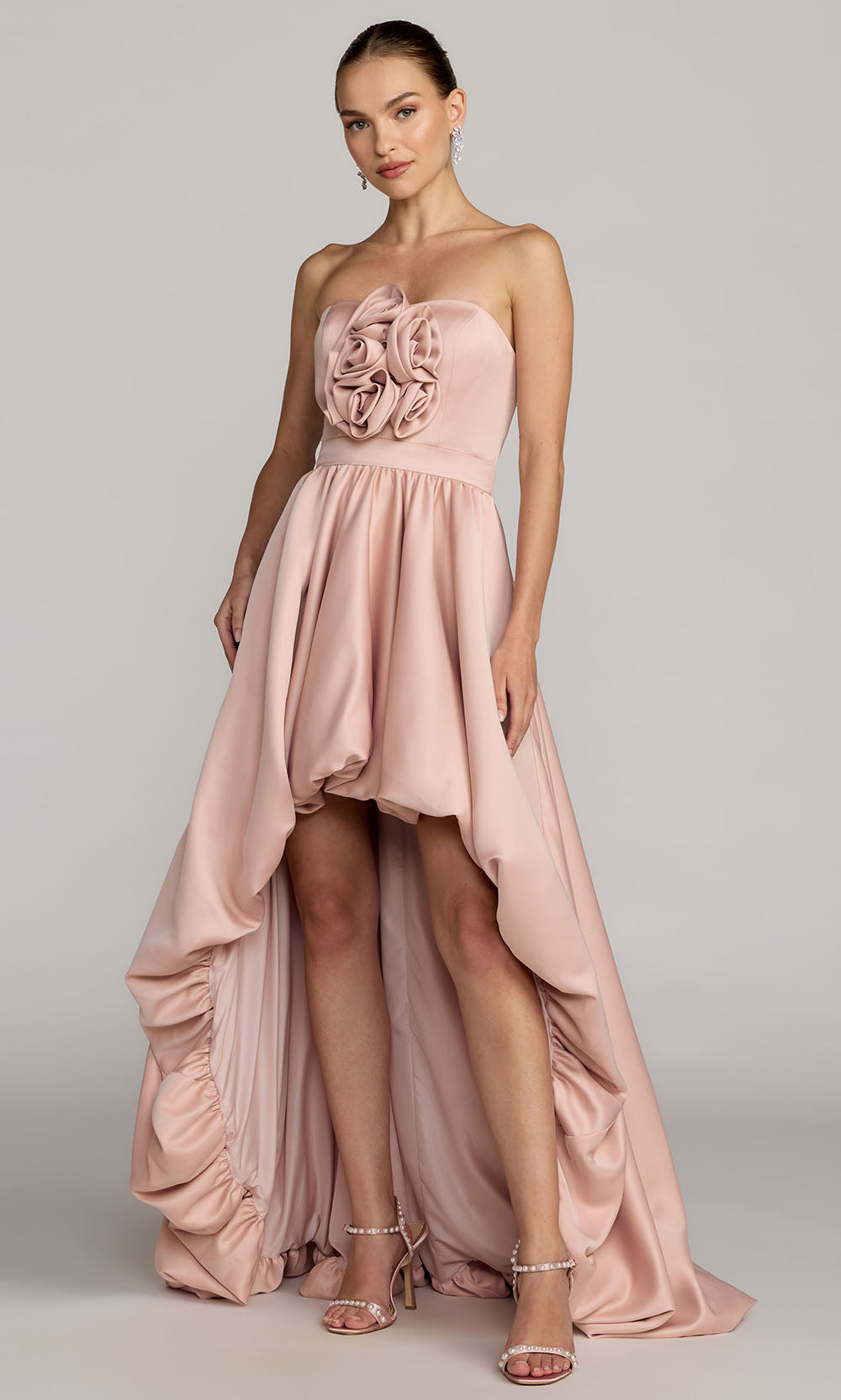 Pink Strapless Satin High Low Gown with Rosettes