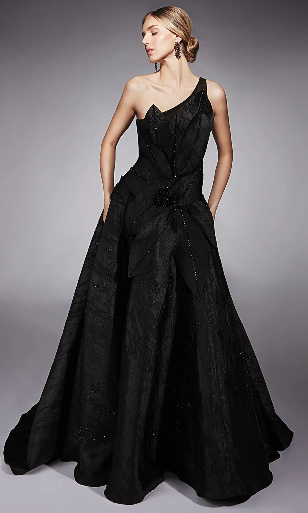 Alyce Paris 27730 - Long Jacquard A-line Dress - One Shoulder, Sculpted Floral Accents, Beaded, Voluminous Skirt, Illusion Back, Sweep Train 20 / Navy Alyce Paris 27730 - Long Jacquard A-line Dress - One Shoulder, Sculpted Floral Accents, Beaded, Voluminous Skirt, Illusion Back, Sweep Train 20 / Navy