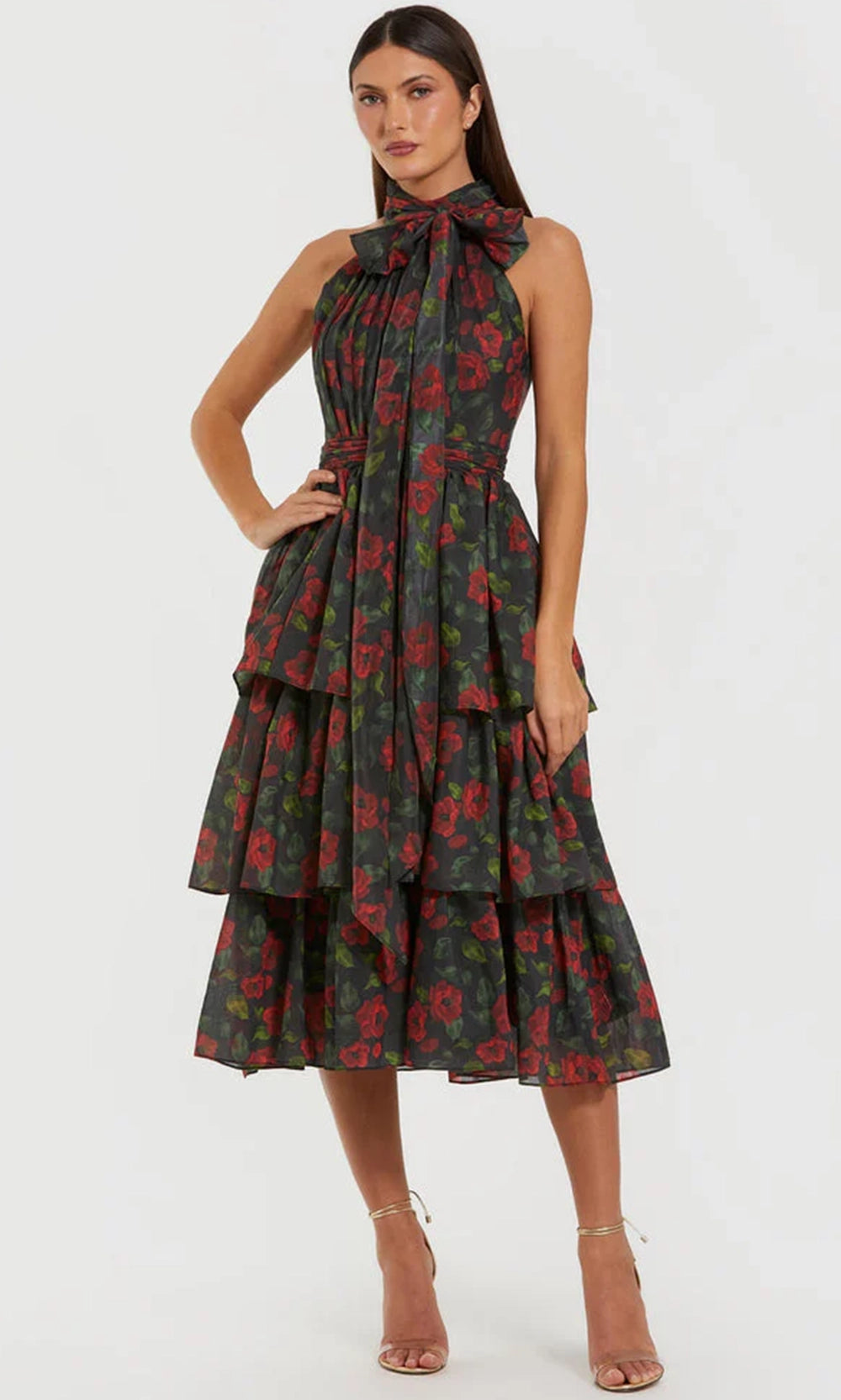 Mac Duggal Floral Chiffon Tiered Midi Dress with Bow - Black Multi Mac Duggal Floral Chiffon Tiered Midi Dress with Bow - Black Multi