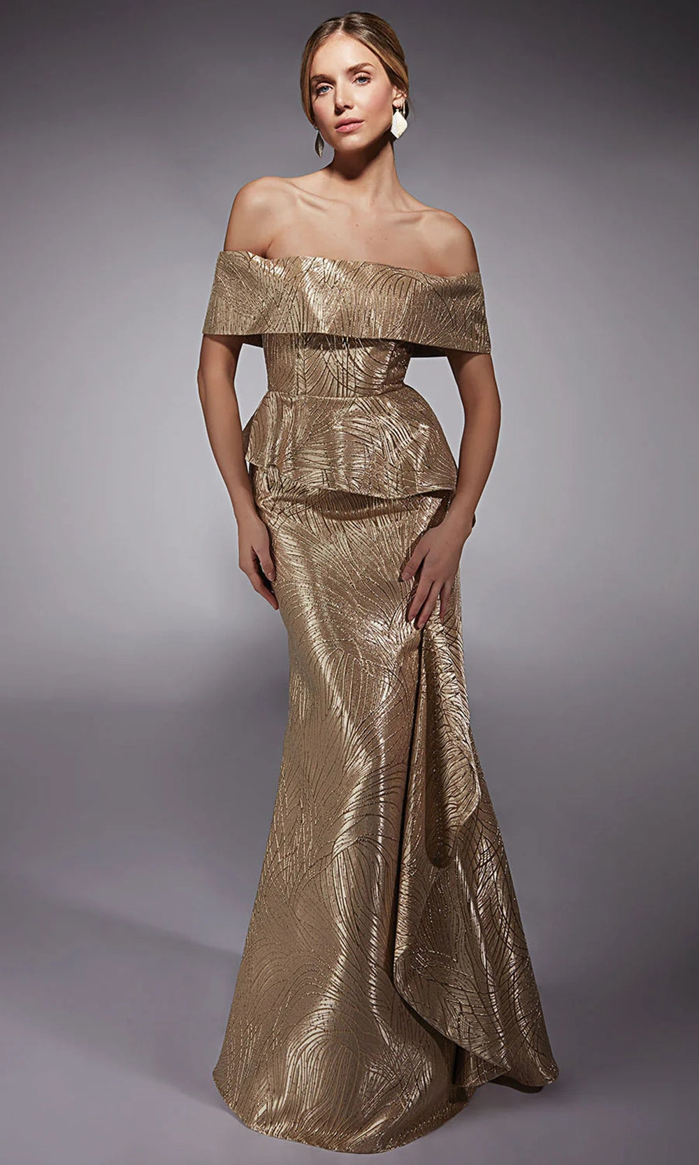 Alyce Paris 27759 - Long Jacquard Sheath Dress - Folded Design, Off Shoulder Sleeves, Peplum Waist, Side Ruffle Draped, Midrise Back 12 / Gold - Shop Alyce Paris 27759 - Long Jacquard Sheath Dress - Folded Design, Off Shoulder Sleeves, Peplum Waist, Side Ruffle Draped, Midrise Back 12 / Gold - Shop