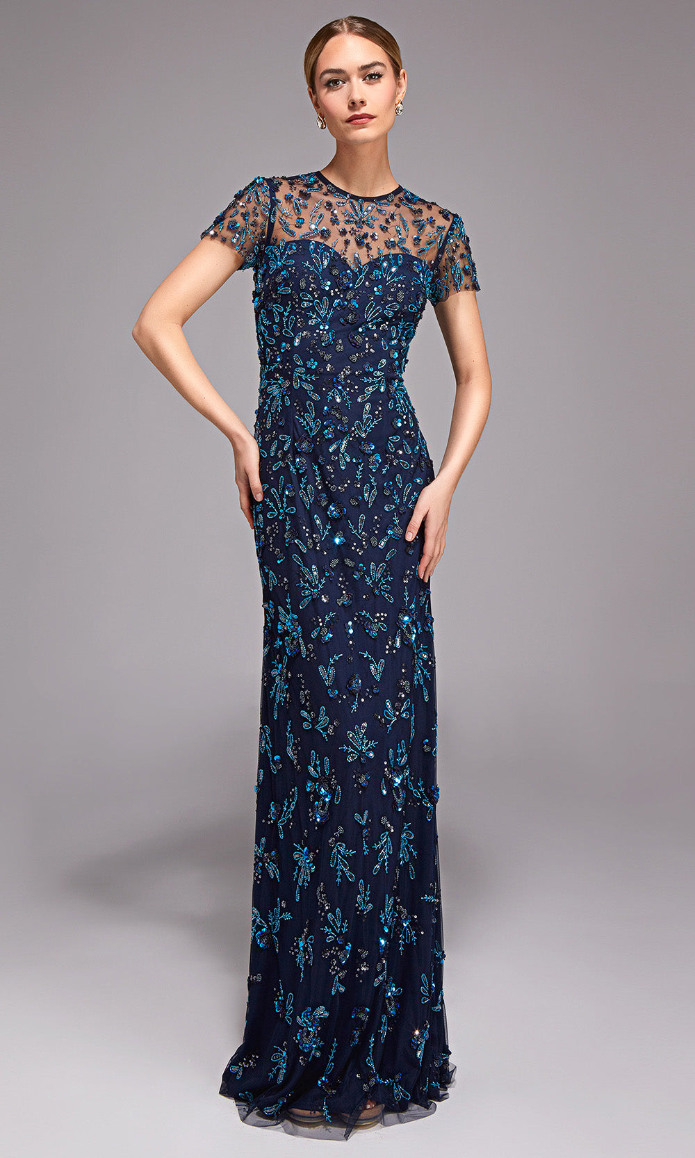 Alyce Paris 27789 - Long Hand Beaded Sheath Dress - Illusion Detail, Short Sleeves, Beaded, Sequin, Keyhole Back, Fitted 10 / Navy-Charcoal - Shop Alyce Paris 27789 - Long Hand Beaded Sheath Dress - Illusion Detail, Short Sleeves, Beaded, Sequin, Keyhole Back, Fitted 10 / Navy-Charcoal - Shop