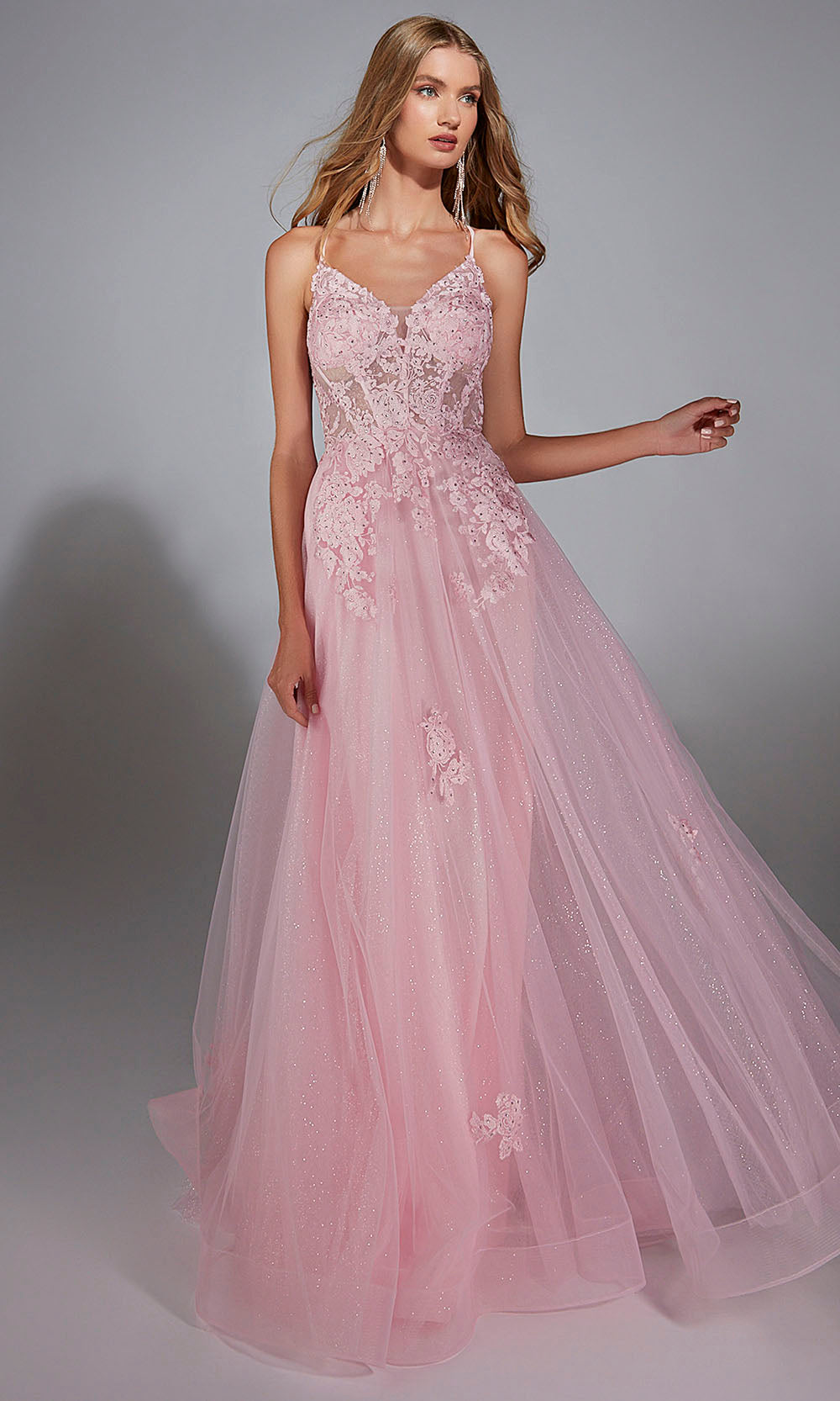 Aerie Couture 286 - Long Glitter Tulle/Lace A-Line Dress - Sheer Lace Bodice, Adjustable Lace Up Back, Slim Shoulder Straps, Sparkle Infused Tulle Aerie Couture 286 - Long Glitter Tulle/Lace A-Line Dress - Sheer Lace Bodice, Adjustable Lace Up Back, Slim Shoulder Straps, Sparkle Infused Tulle