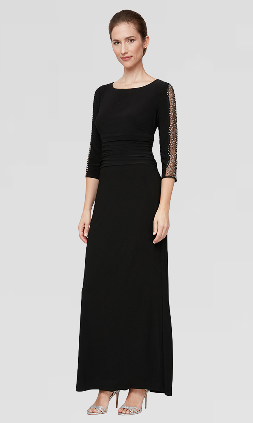 SL Fashions Petite Ruched 3/4-Sleeve Gown - Black - 10p SL Fashions Petite Ruched 3/4-Sleeve Gown - Black - 10p