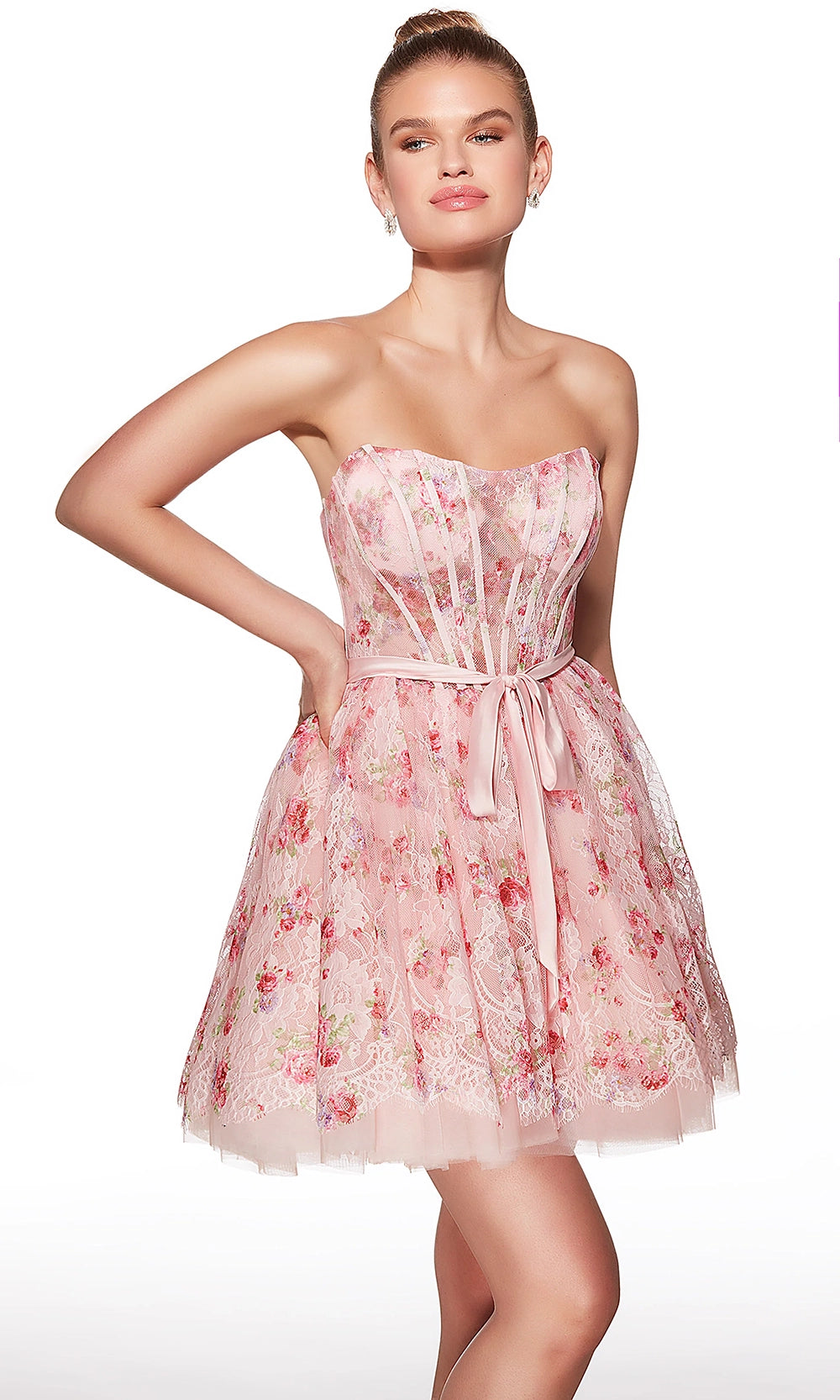 Alyce Paris 30019 - Short Chantilly Lace Print A-line Dress - Strapless bodice, structured corset design, lace floral-overlay skirt, satin bow waist accent, A-line mini silhouette Couture Candy Alyce Paris 30019 - Short Chantilly Lace Print A-line Dress - Strapless bodice, structured corset design, lace floral-overlay skirt, satin bow waist accent, A-line mini silhouette Couture Candy