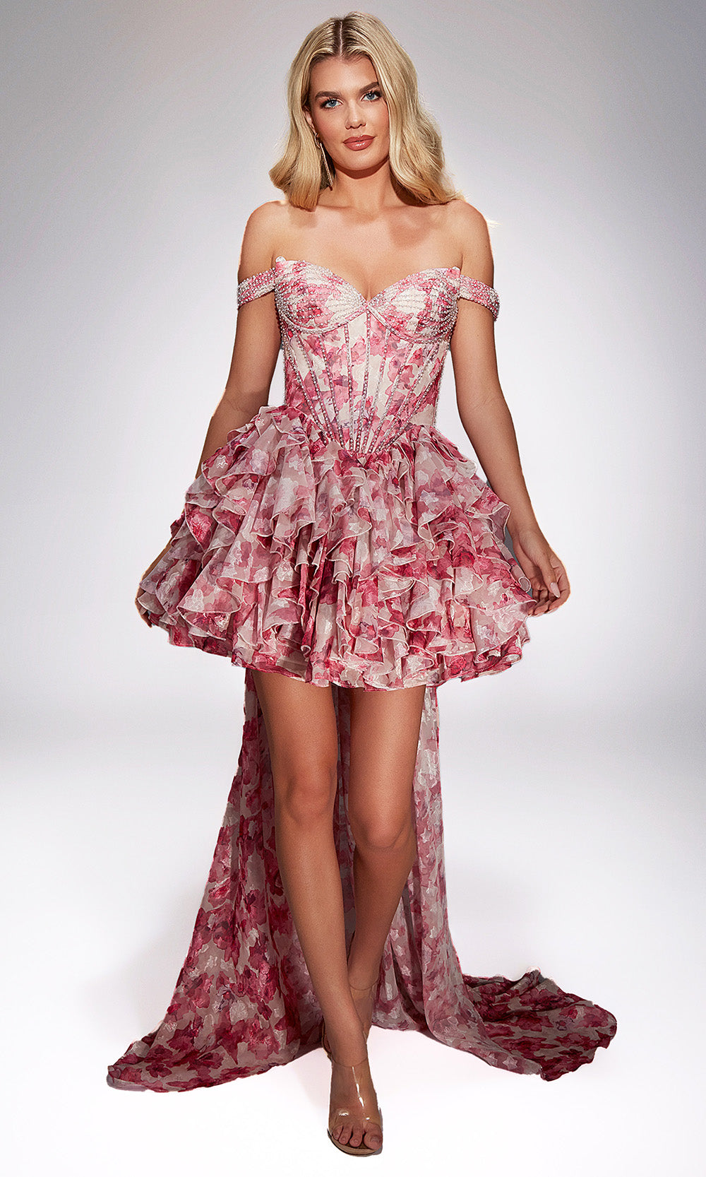 Alyce Paris 30034 - Short Organza Print A-line Dress - Beaded, Structured Corset, Layered Ruffle Skirt, Floral Print, Detachable Overskirt and Off Shoulder Sleeves Couture Candy Alyce Paris 30034 - Short Organza Print A-line Dress - Beaded, Structured Corset, Layered Ruffle Skirt, Floral Print, Detachable Overskirt and Off Shoulder Sleeves Couture Candy