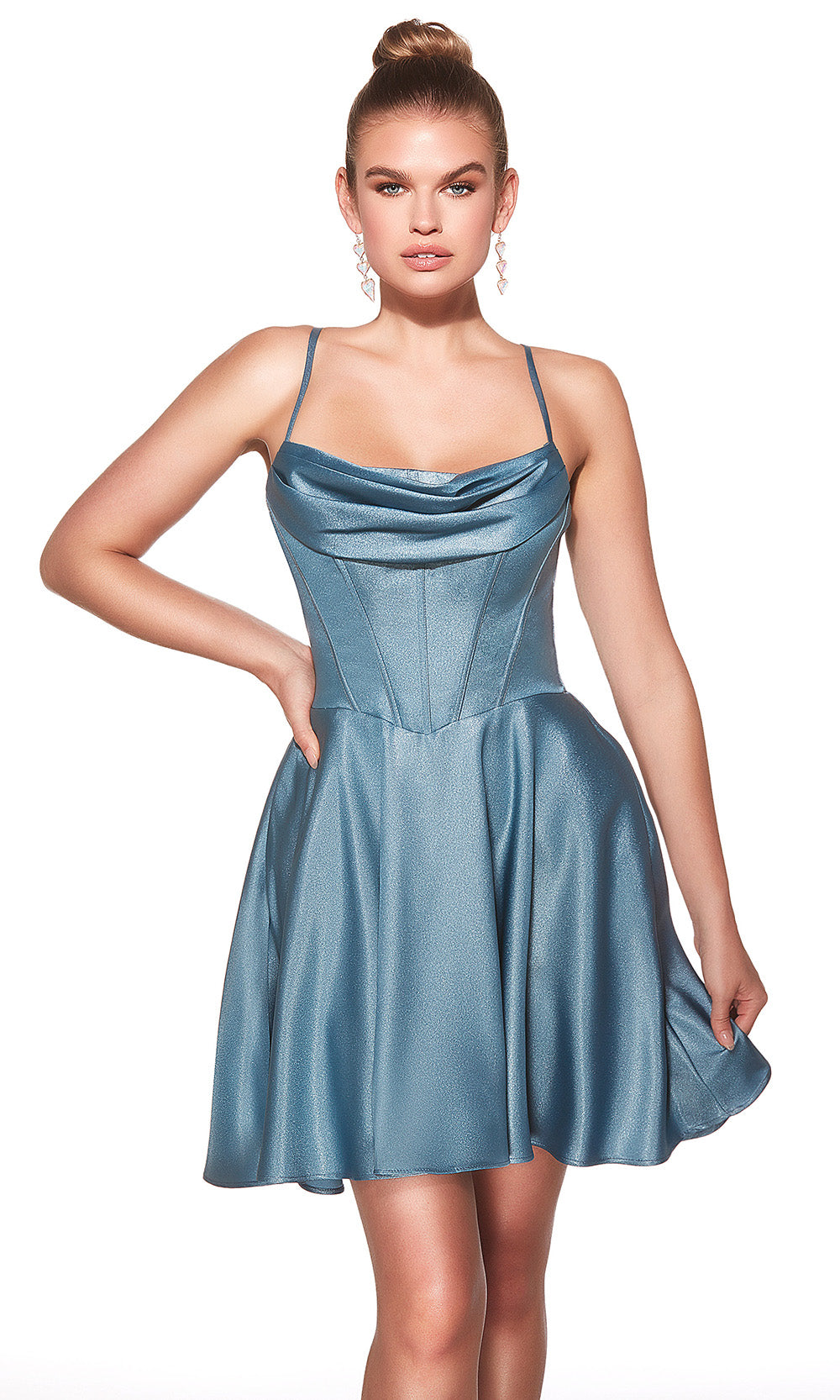 Alyce Paris 30047 - Short Shimmer Satin/Pockets A-line Dress - Spaghetti Straps, Corset Boning Bodice, Flared Skirt, Lace-Up Back, Pockets Couture Candy Alyce Paris 30047 - Short Shimmer Satin/Pockets A-line Dress - Spaghetti Straps, Corset Boning Bodice, Flared Skirt, Lace-Up Back, Pockets Couture Candy