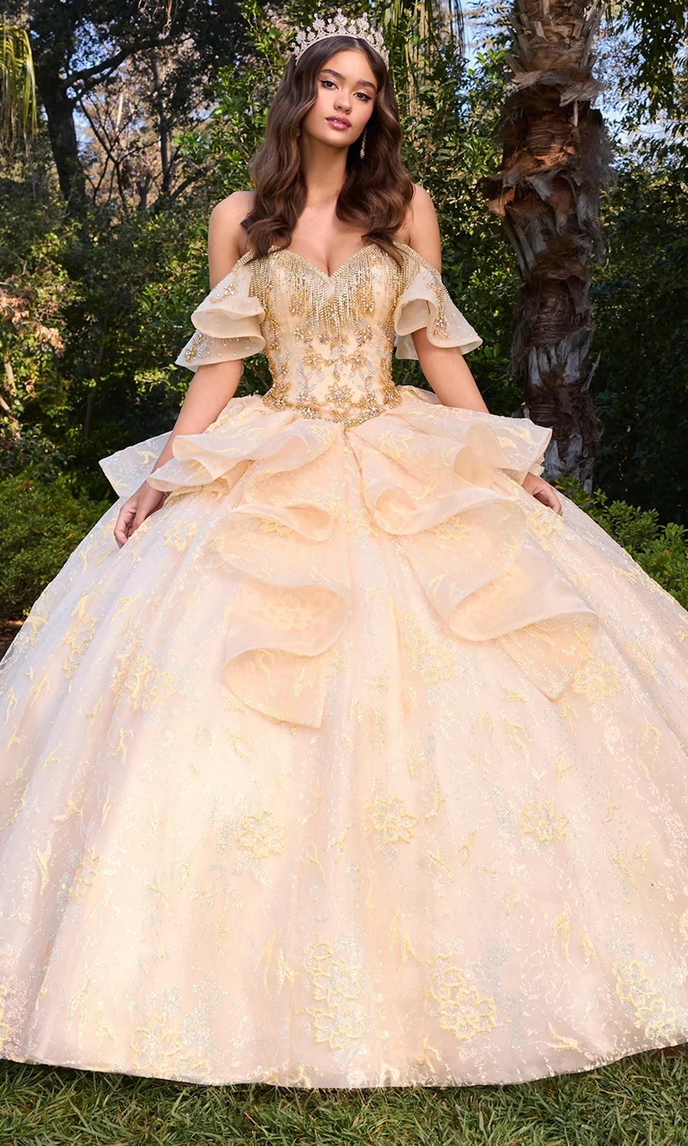 Ashley Lauren 30102 - Long Glitter Lace Organza Ballgown Dress - Off Shoulder Flutter Sleeves, Beaded Bodice, Ruffle Detail, Embroidery, Lace-Up Back, Fringe Accent Couture Candy Ashley Lauren 30102 - Long Glitter Lace Organza Ballgown Dress - Off Shoulder Flutter Sleeves, Beaded Bodice, Ruffle Detail, Embroidery, Lace-Up Back, Fringe Accent Couture Candy