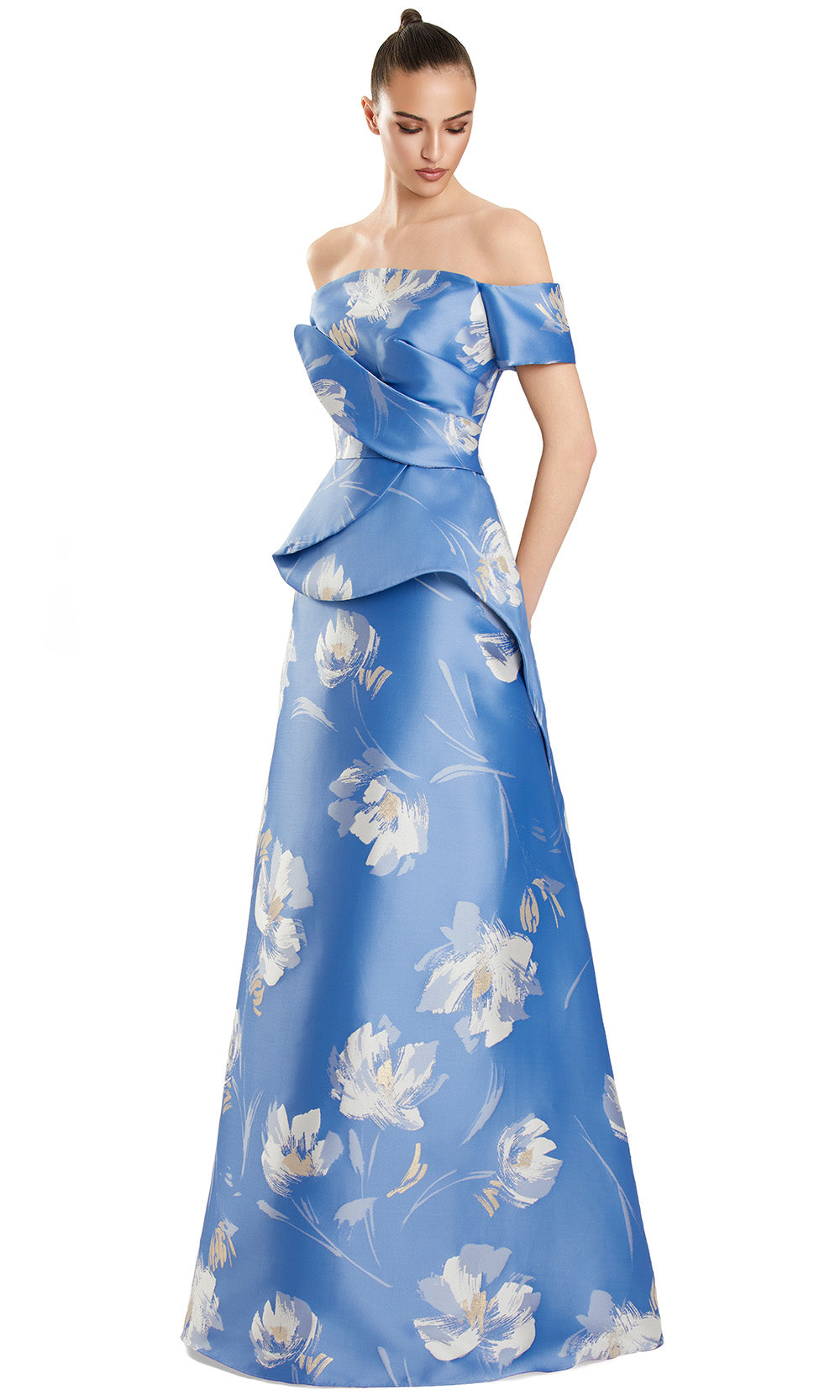 Alexander by Daymor 3109F25 - Long A-Line Dress - Floral Print, Short Sleeves, Layered Peplum Bodice, Mid-Open Back, Covered Back Buttons 12 / Teal/ Alexander by Daymor 3109F25 - Long A-Line Dress - Floral Print, Short Sleeves, Layered Peplum Bodice, Mid-Open Back, Covered Back Buttons 12 / Teal/