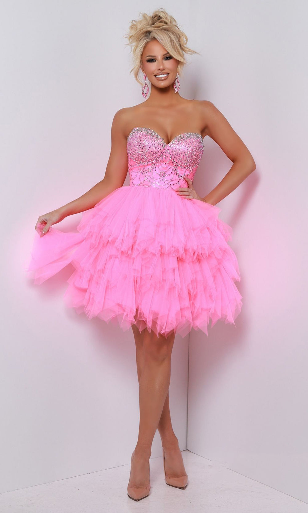 pink strapless ruffle dress Johnathan Kayne 3136 - Short Tulle, Satin Lining A-line Dress