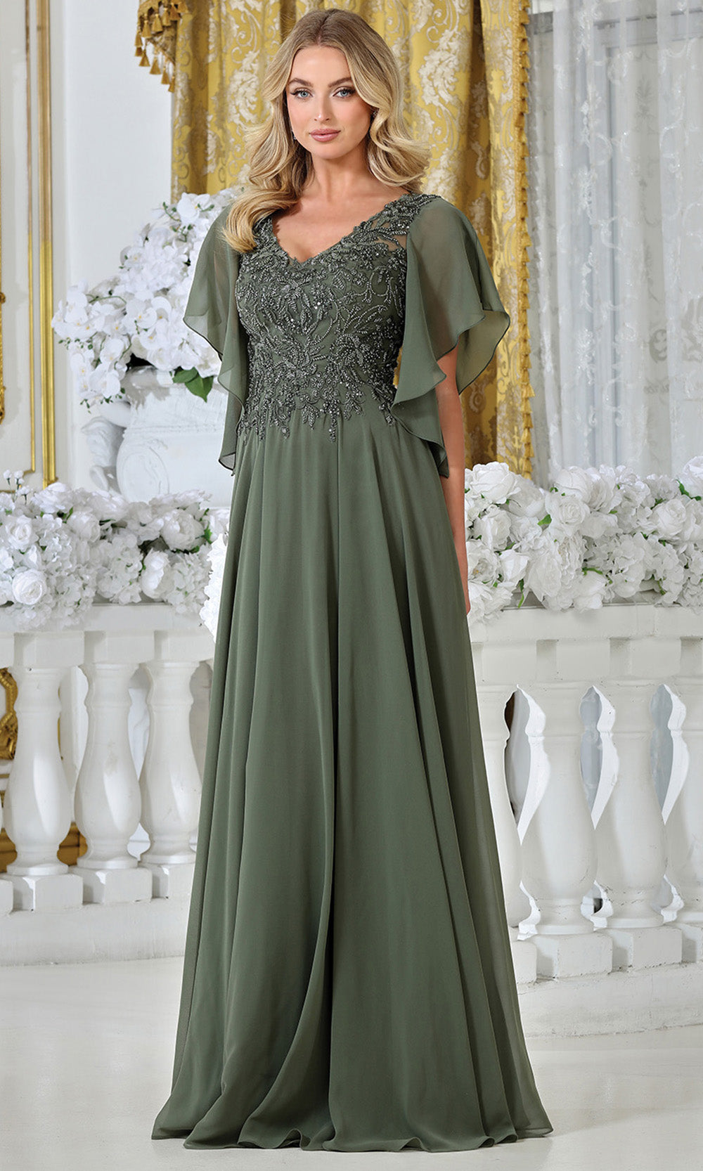 formal dress flutter sleeves Adrianna Papell Women's Bead Crepe Crewneck Illusion Dress - Icy Sage
