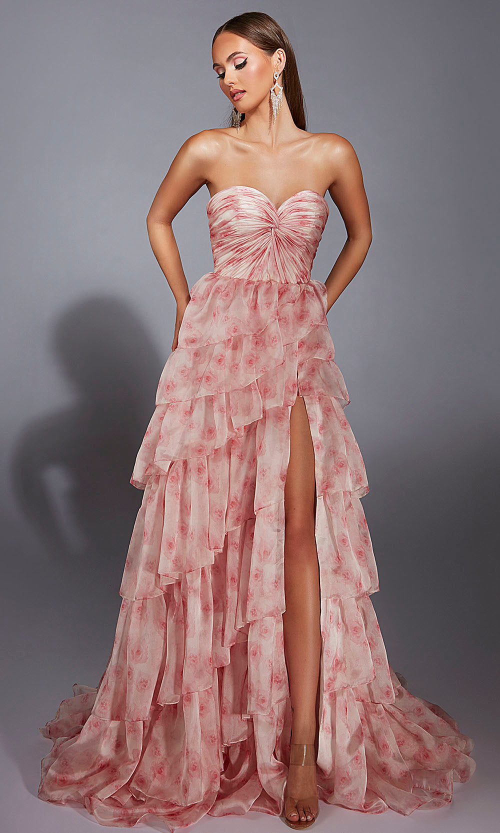 Aerie Couture 340 - Long Organza Print A-Line Dress - Strapless Sweetheart Ruched Bodice with Front Twist Detail, Tiered Layered Organza Print Skirt, Aerie Couture 340 - Long Organza Print A-Line Dress - Strapless Sweetheart Ruched Bodice with Front Twist Detail, Tiered Layered Organza Print Skirt,
