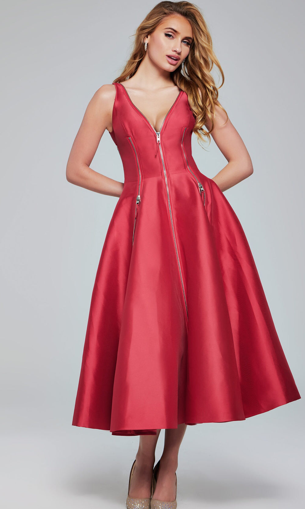Shop Jovani 37393 - Elegant Tea-Length Homecoming Dress Red / 18 Shop Jovani 37393 - Elegant Tea-Length Homecoming Dress Red / 18