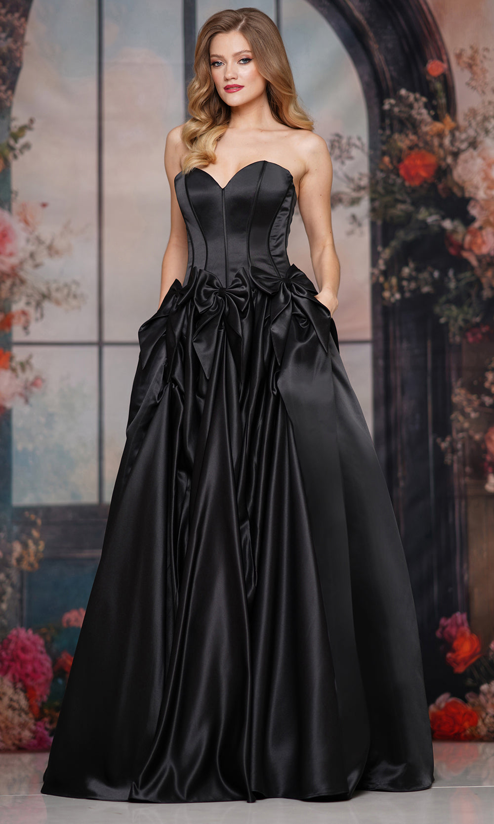 Colors Dress 3739 - Long A-line Dress - Strapless, Corset Bodice, Voluminous Skirt, Multiple Bows Accent, Lace-Up Back 10 / Black